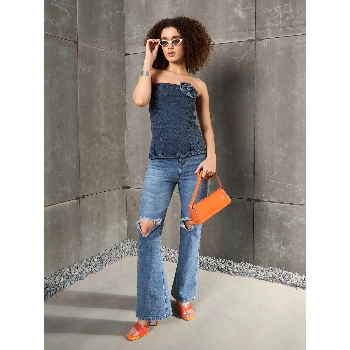 Sassafras Acid Wash Denim Bandeau Top with Flower Corsage Detail-women-clothing-shirtsandblouses-blouses-image-6