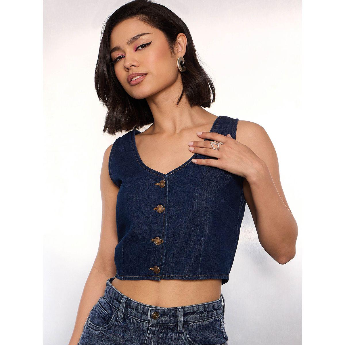 Sassafras Blue Denim Buttoned Crop Top-women-clothing-tshirts-image-1