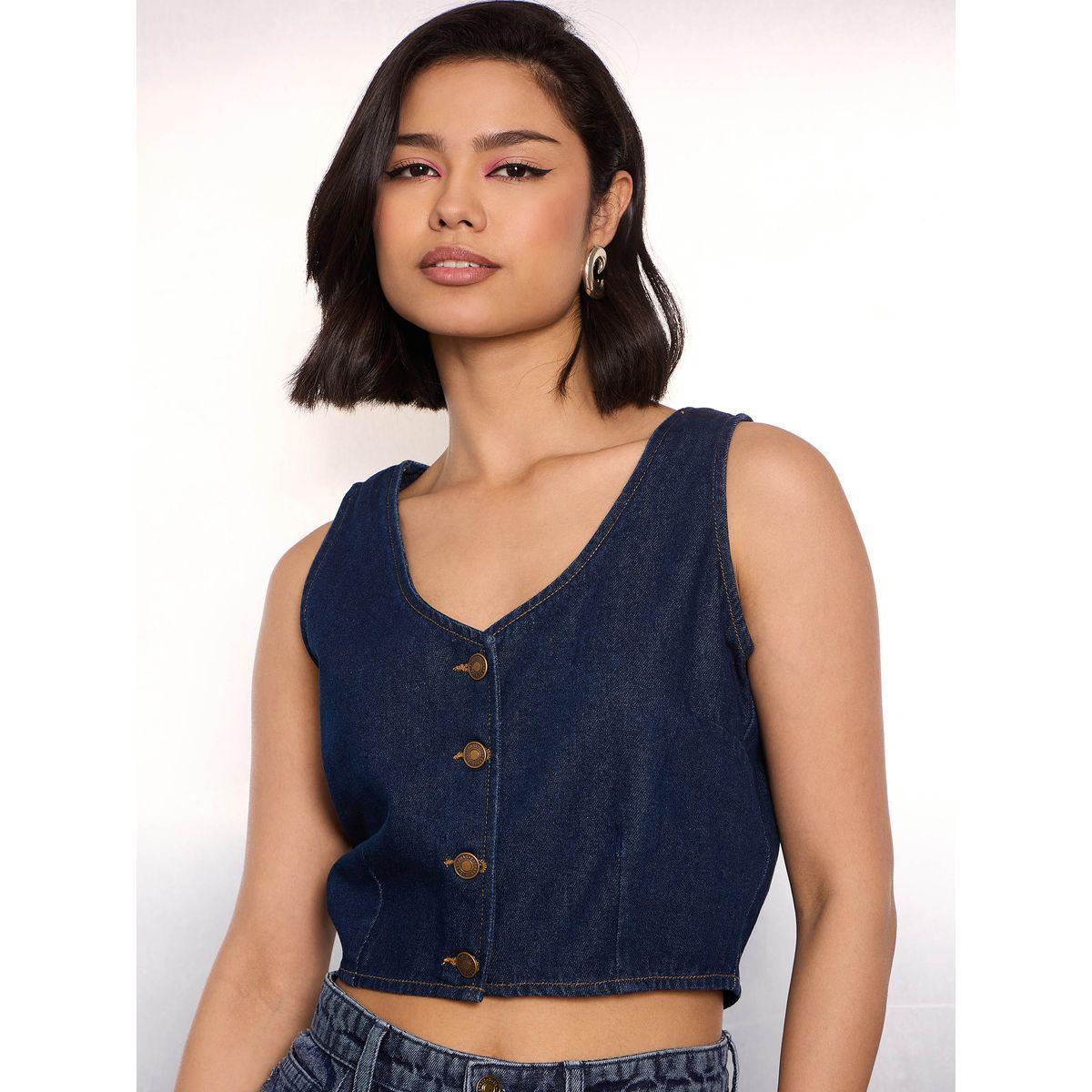 Sassafras Blue Denim Buttoned Crop Top-women-clothing-tshirts-image-4