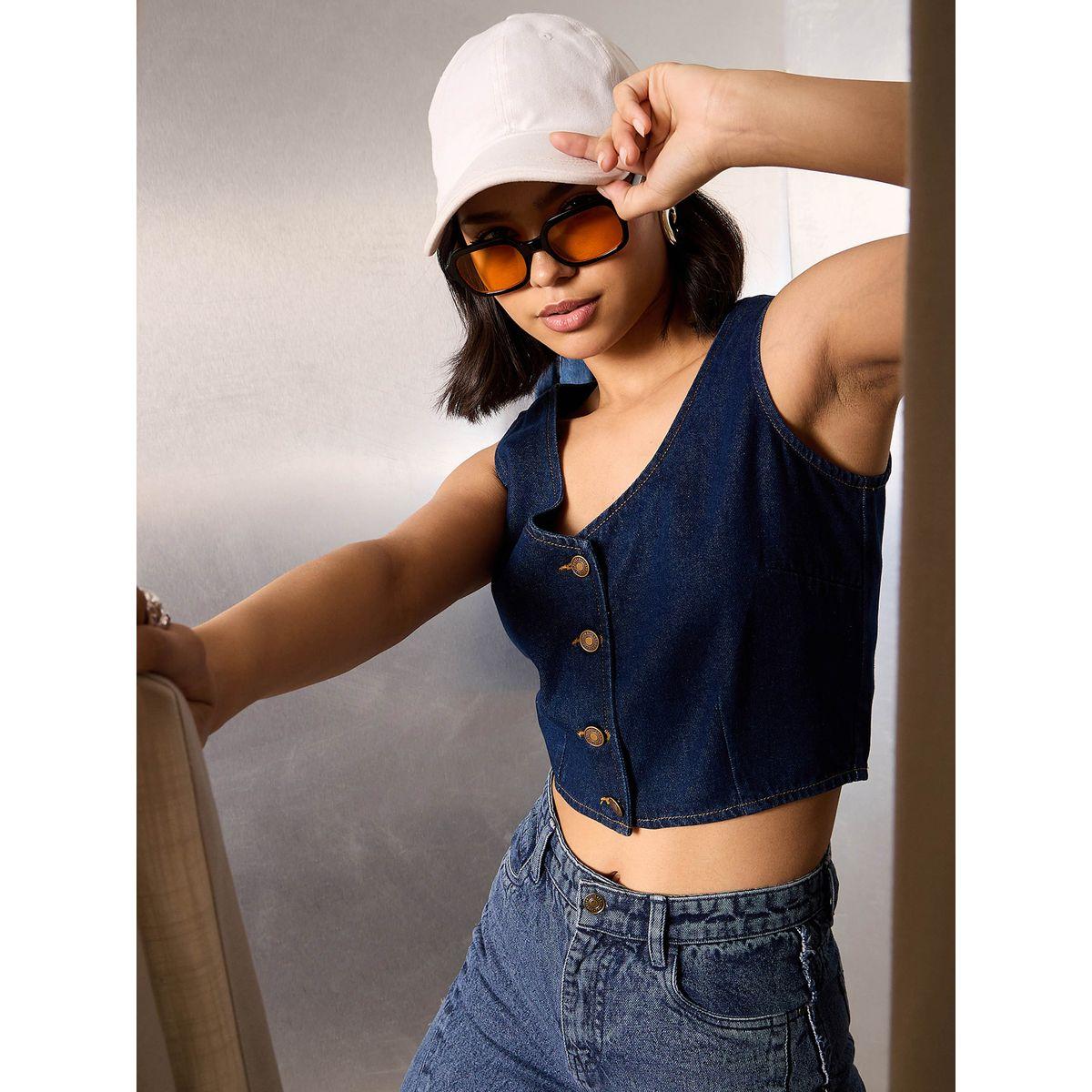 Sassafras Blue Denim Buttoned Crop Top-women-clothing-tshirts-image-6