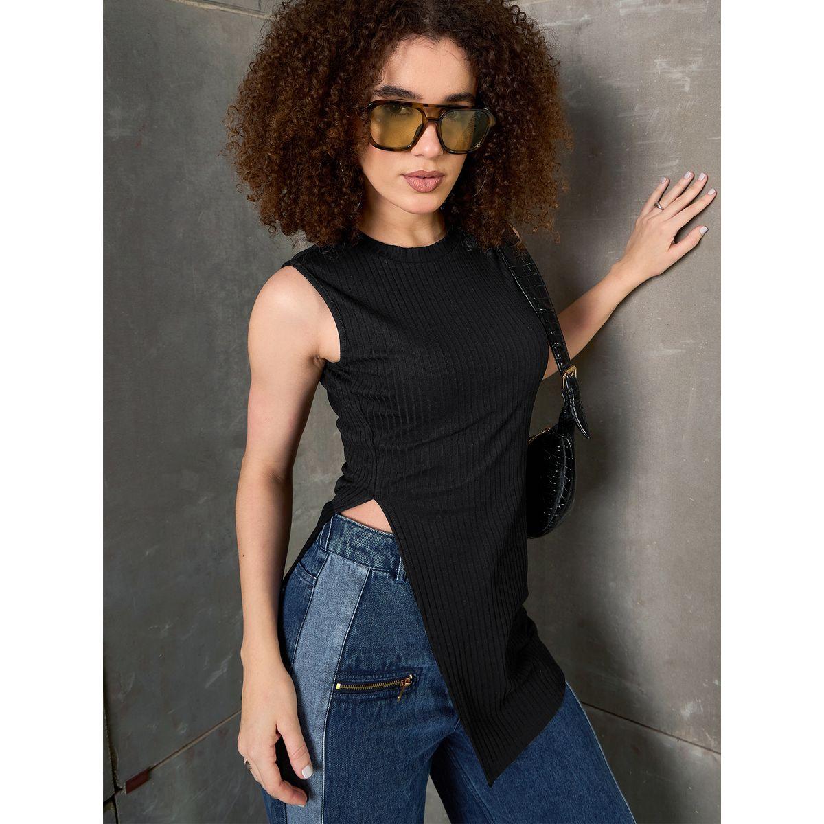Sassafras Black Ribbed Sleeveless Side Slit Top-women-clothing-shirtsandblouses-blouses-image-1