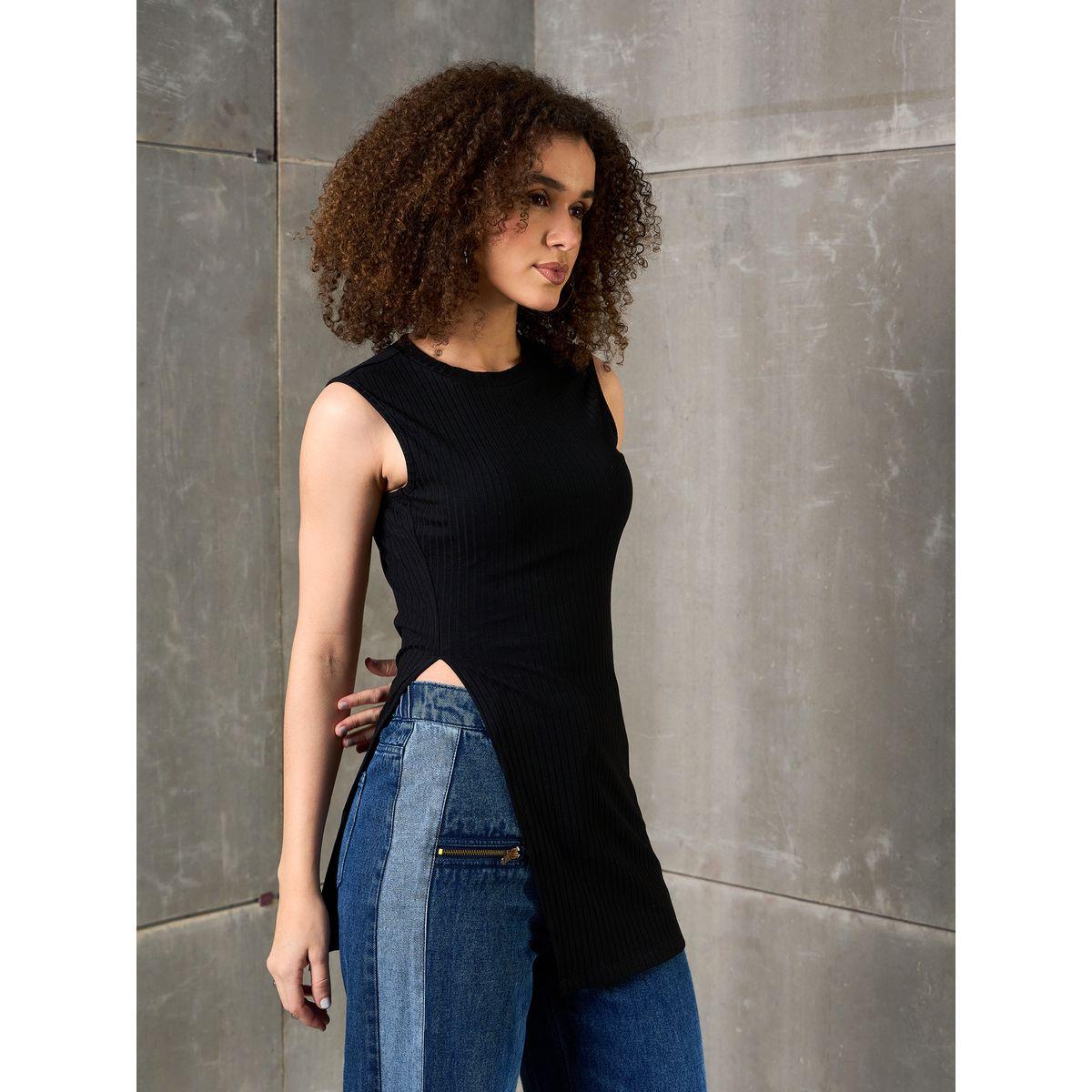 Sassafras Black Ribbed Sleeveless Side Slit Top-women-clothing-shirtsandblouses-blouses-image-3