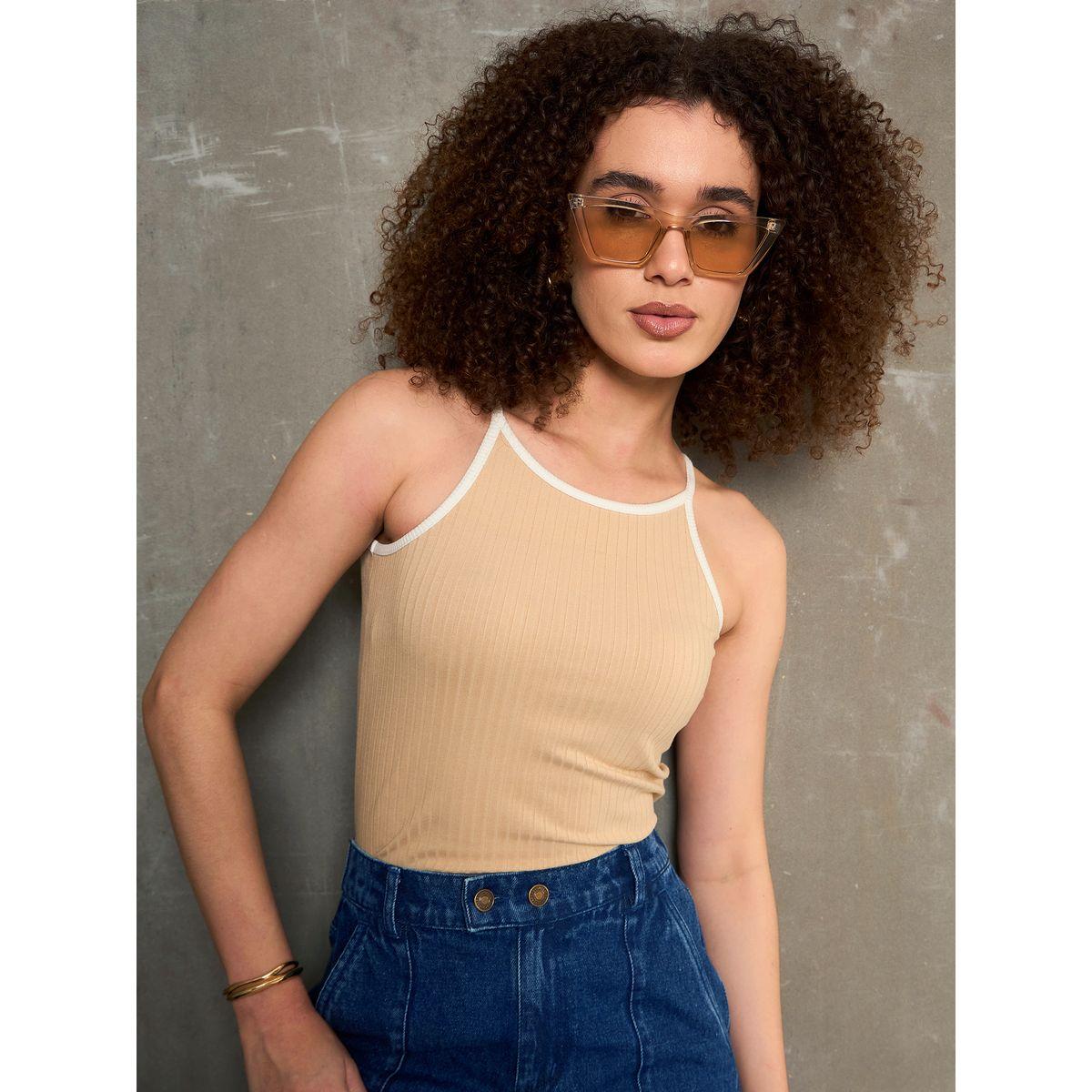 Sassafras Beige Ribbed Contrast Piping Strappy Top-women-clothing-shirtsandblouses-blouses-image-1
