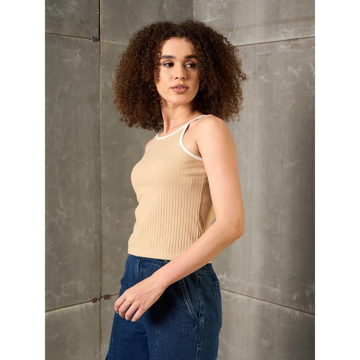 Sassafras Beige Ribbed Contrast Piping Strappy Top-women-clothing-shirtsandblouses-blouses-image-3