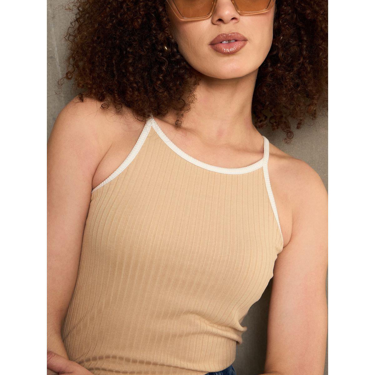 Sassafras Beige Ribbed Contrast Piping Strappy Top-women-clothing-shirtsandblouses-blouses-image-4