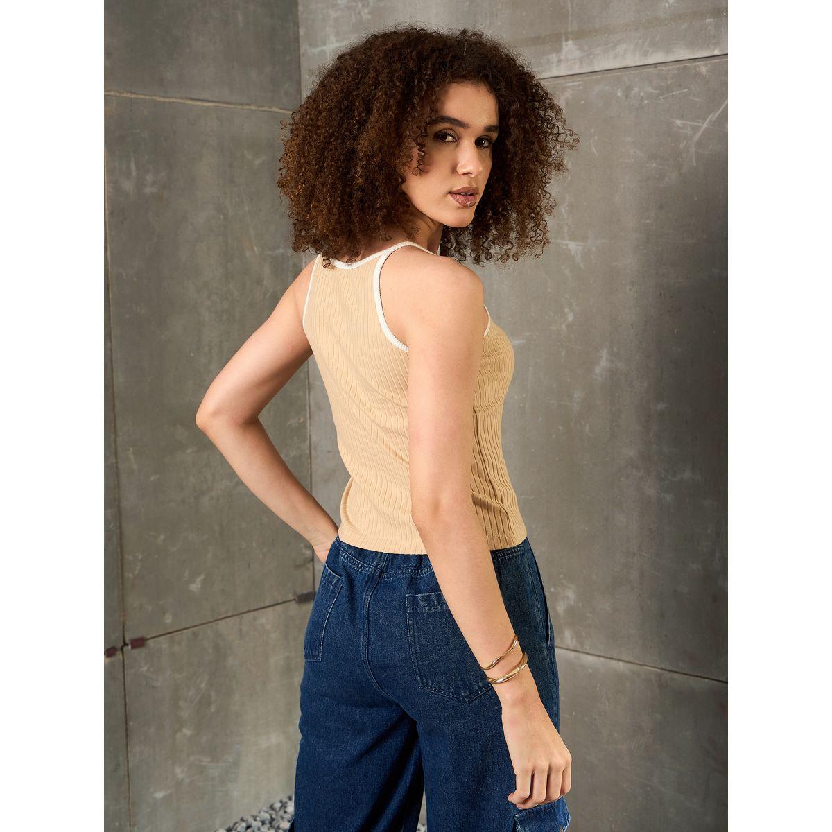 Sassafras Beige Ribbed Contrast Piping Strappy Top-women-clothing-shirtsandblouses-blouses-image-5