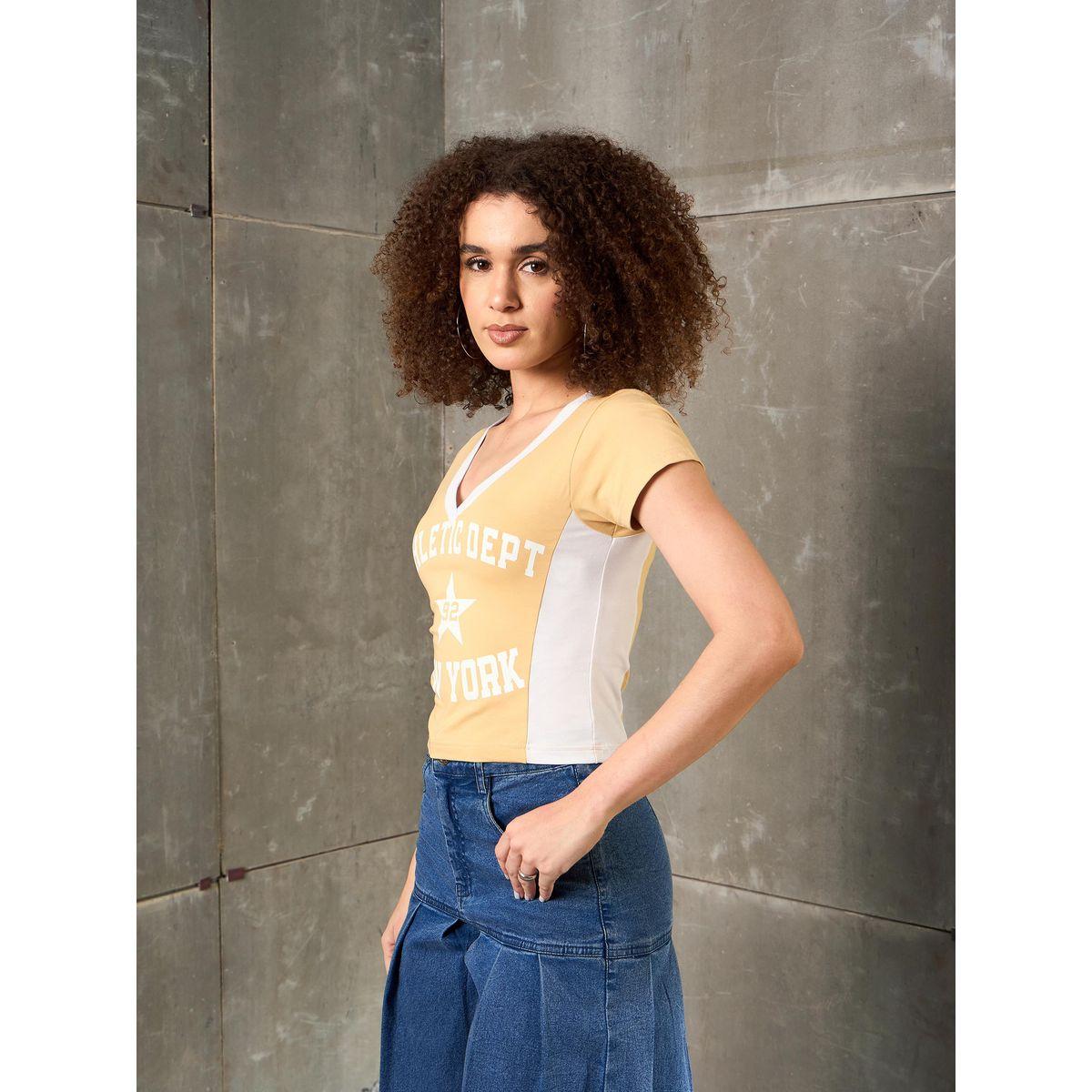 Sassafras Beige New York Print V Neck Fitted T-Shirt-women-clothing-tshirts-image-3