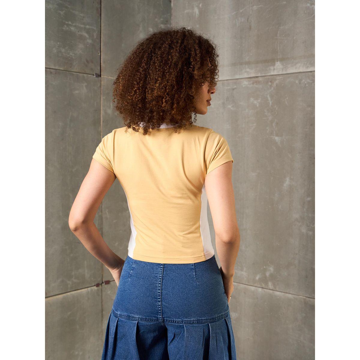 Sassafras Beige New York Print V Neck Fitted T-Shirt-women-clothing-tshirts-image-5