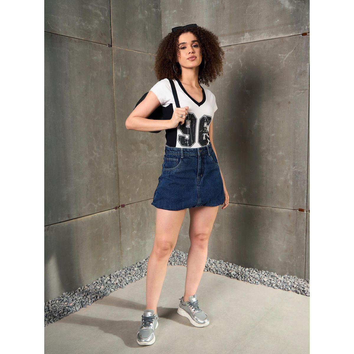 Sassafras White Contrast Panel 96 Print V Neck Fitted T-Shirt-women-clothing-tshirts-image-2