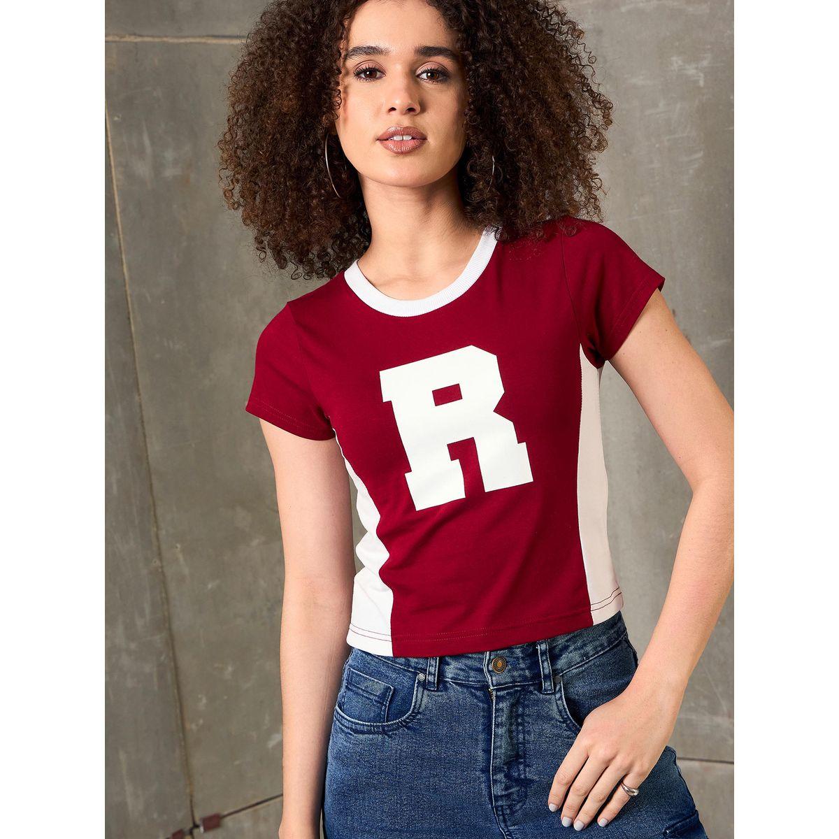 Sassafras Maroon Contrast Panel Initial Print Fitted T-Shirt-women-clothing-tshirts-image-1