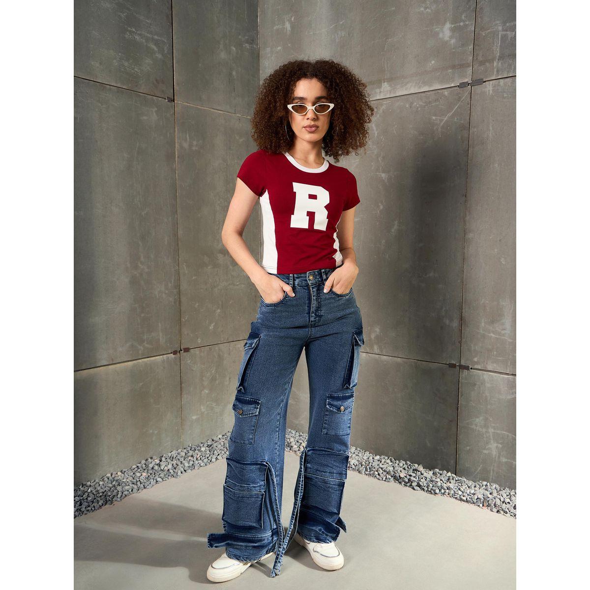Sassafras Maroon Contrast Panel Initial Print Fitted T-Shirt-women-clothing-tshirts-image-2