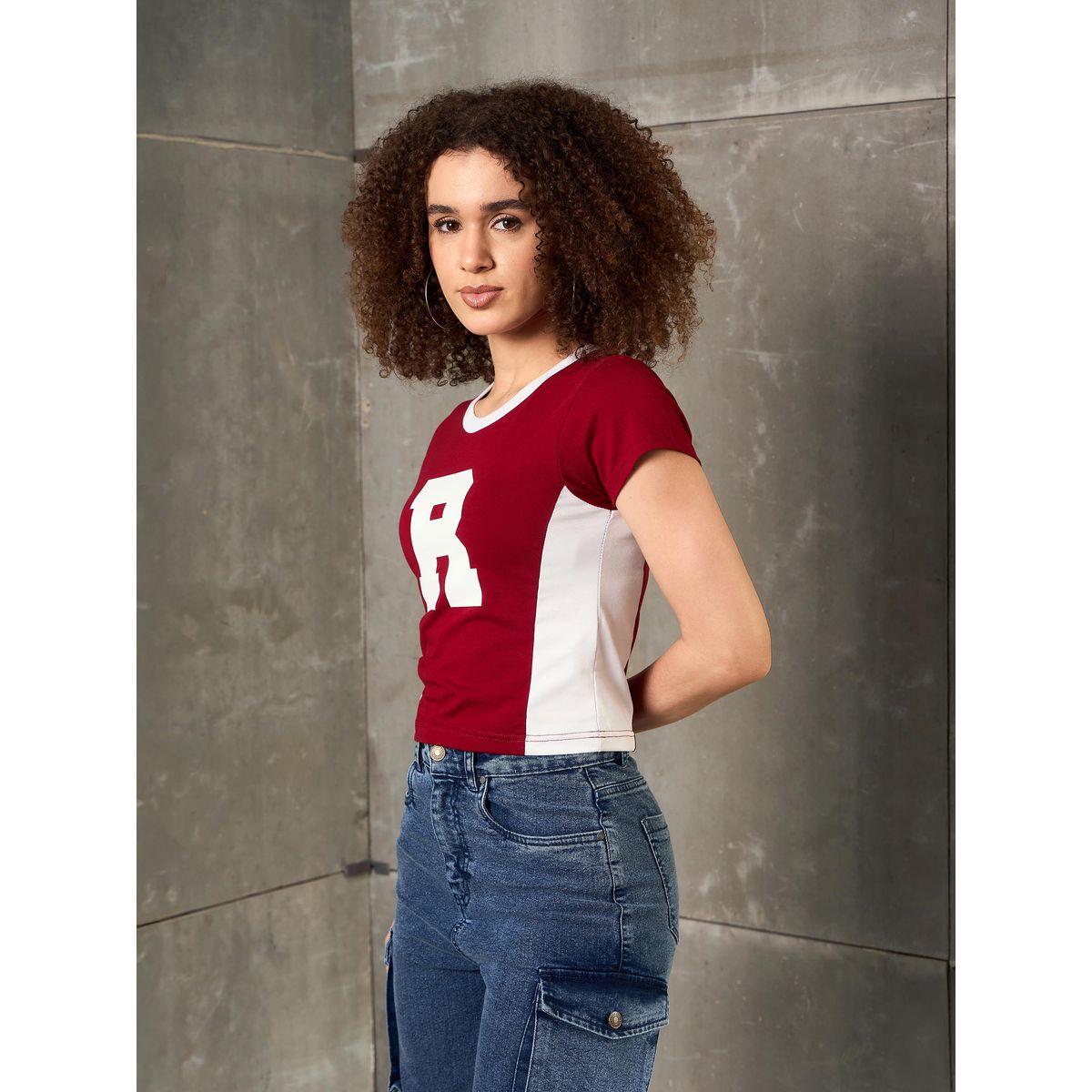 Sassafras Maroon Contrast Panel Initial Print Fitted T-Shirt-women-clothing-tshirts-image-3