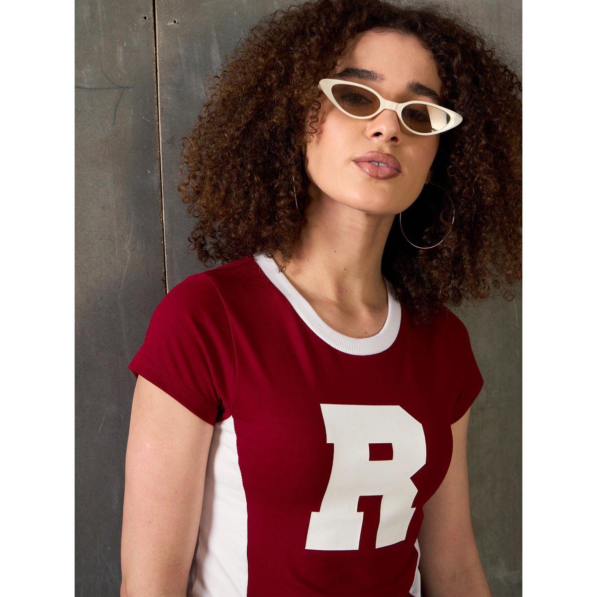 Sassafras Maroon Contrast Panel Initial Print Fitted T-Shirt-women-clothing-tshirts-image-4
