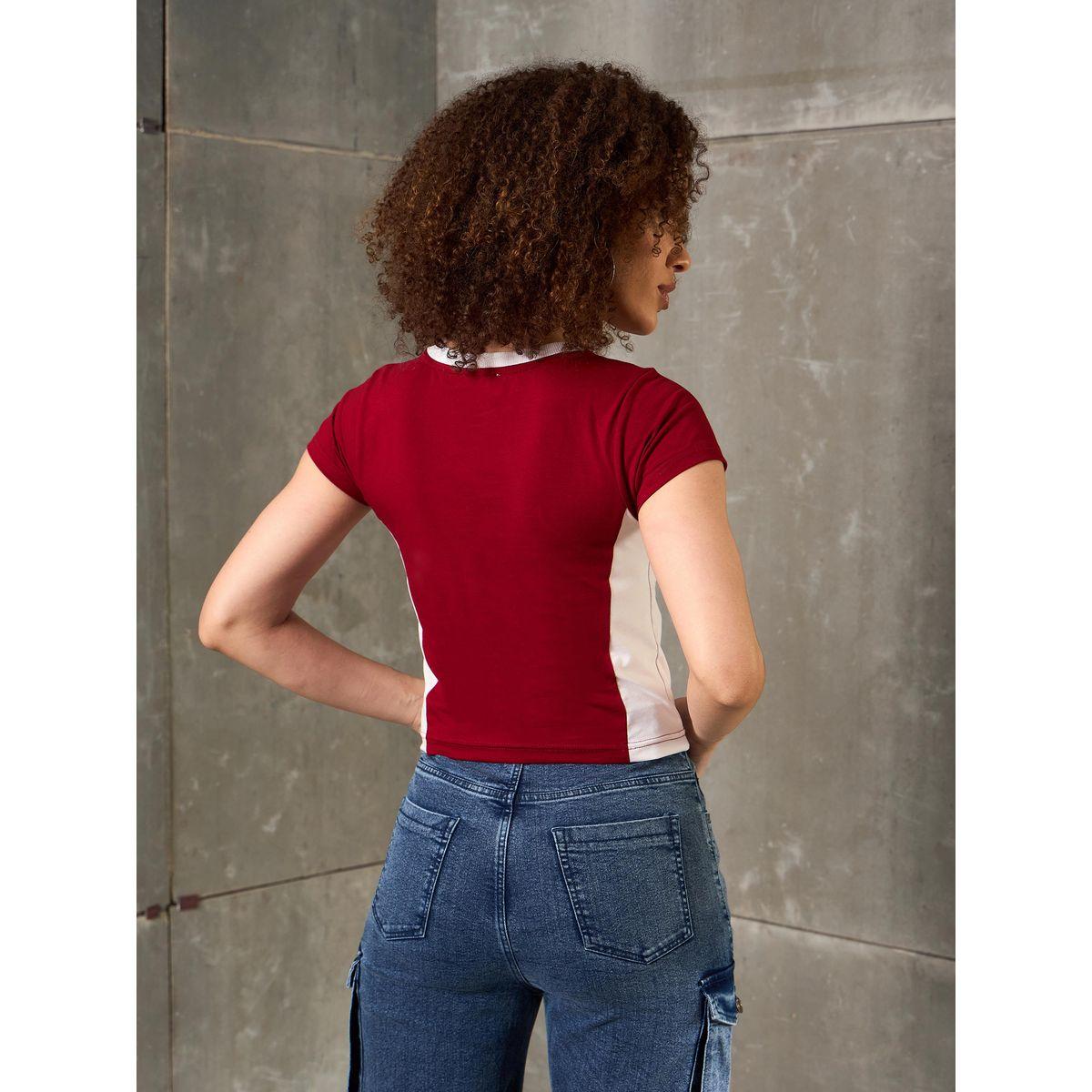 Sassafras Maroon Contrast Panel Initial Print Fitted T-Shirt-women-clothing-tshirts-image-5