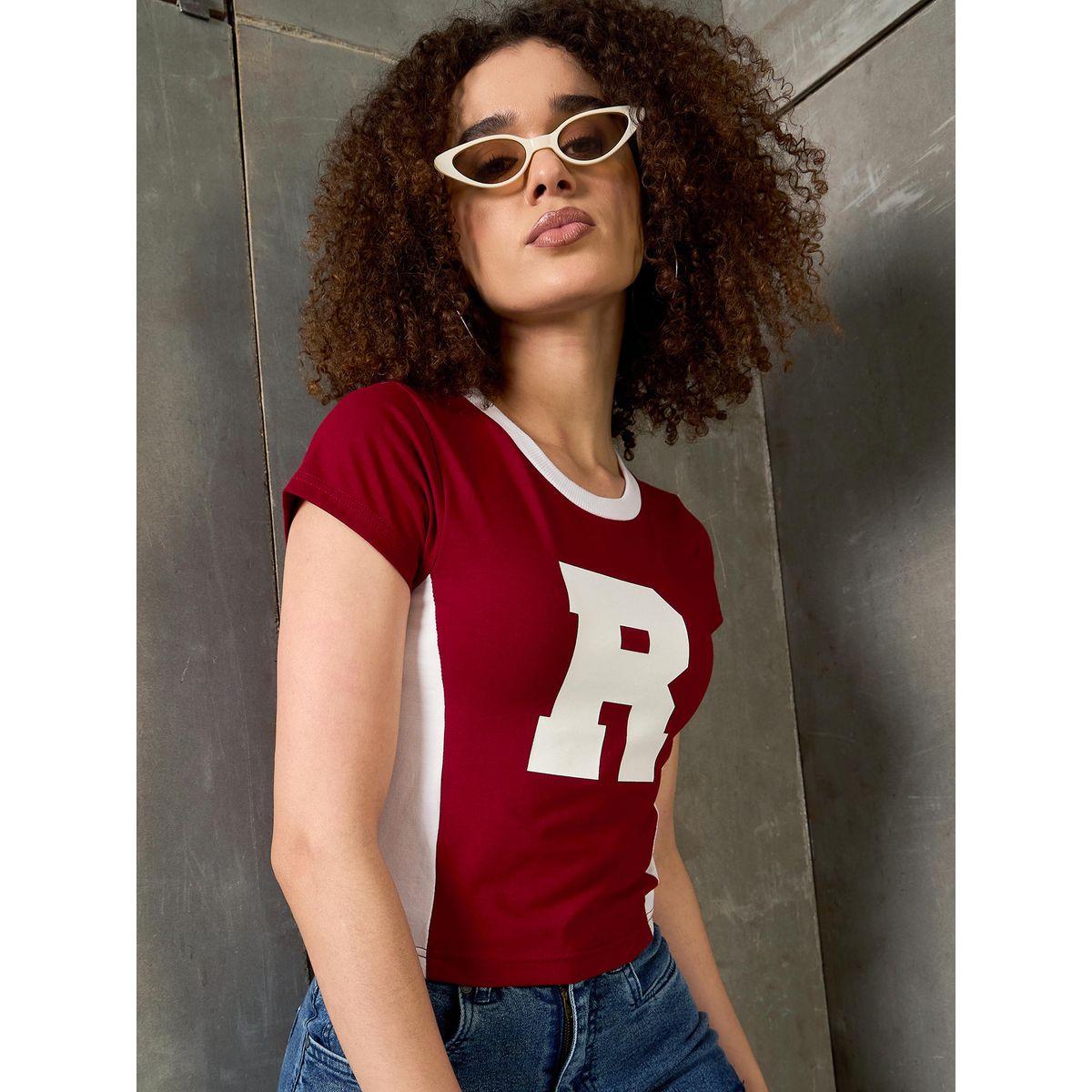 Sassafras Maroon Contrast Panel Initial Print Fitted T-Shirt-women-clothing-tshirts-image-6