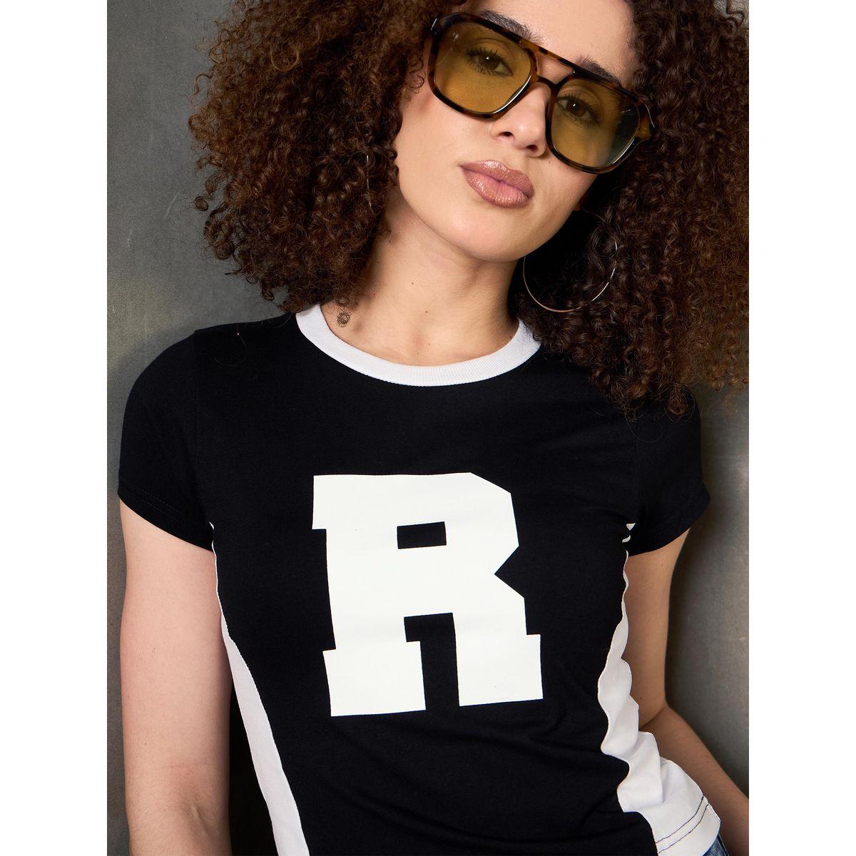 Sassafras Black Contrast Panel Initial Print Fitted T-Shirt-women-clothing-tshirts-image-1
