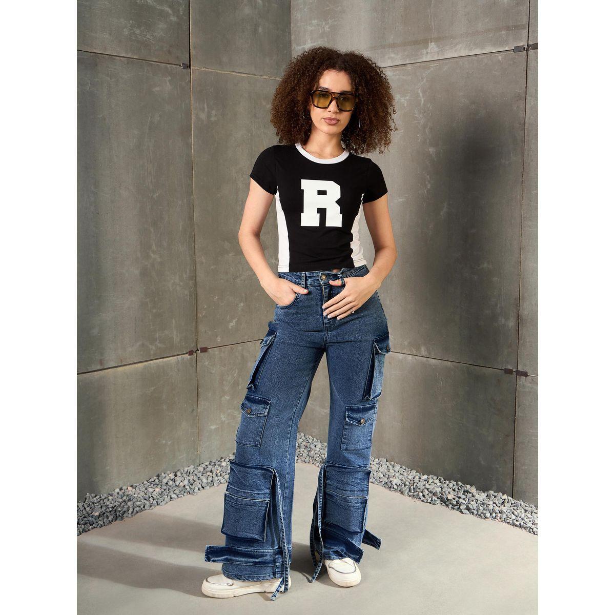 Sassafras Black Contrast Panel Initial Print Fitted T-Shirt-women-clothing-tshirts-image-2