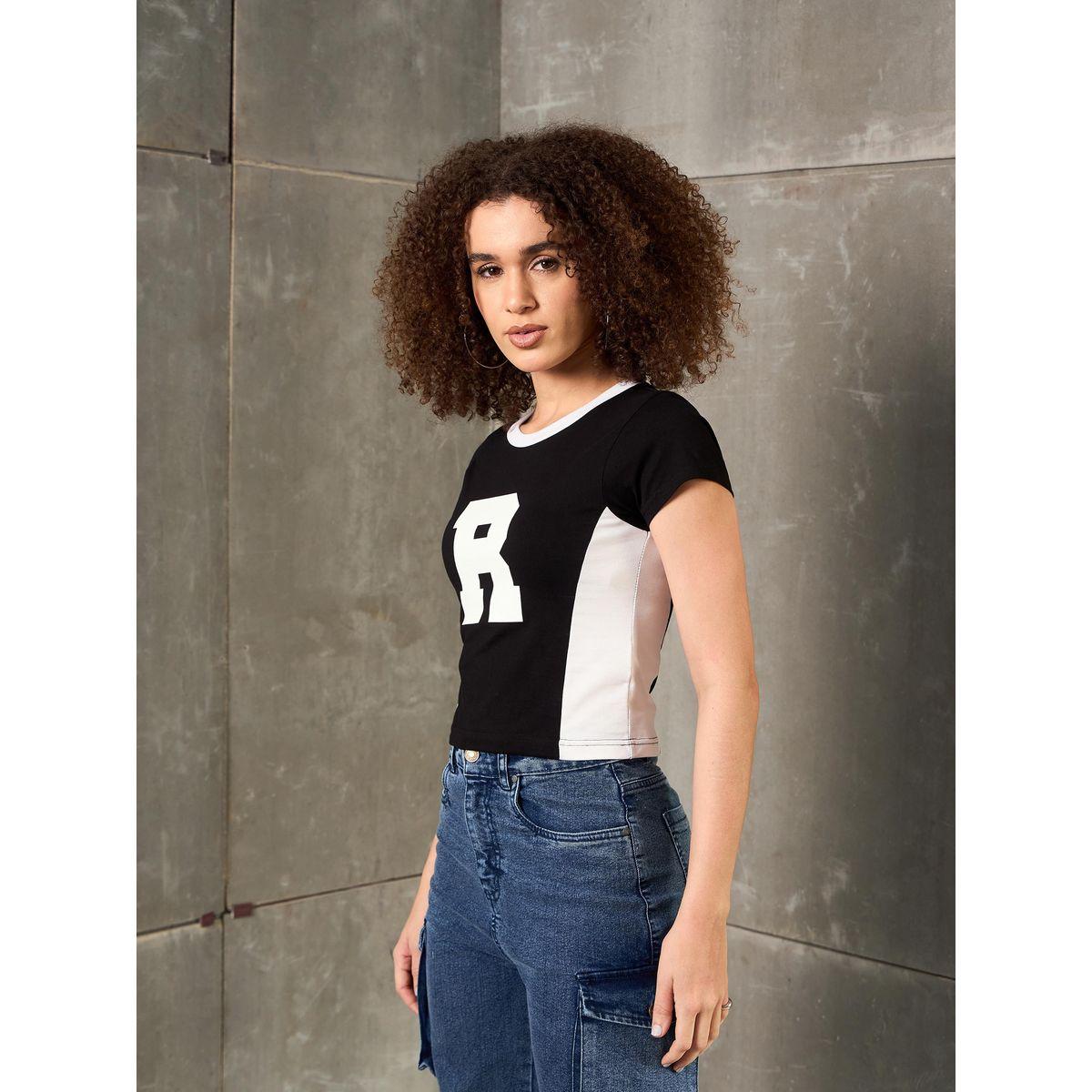 Sassafras Black Contrast Panel Initial Print Fitted T-Shirt-women-clothing-tshirts-image-3