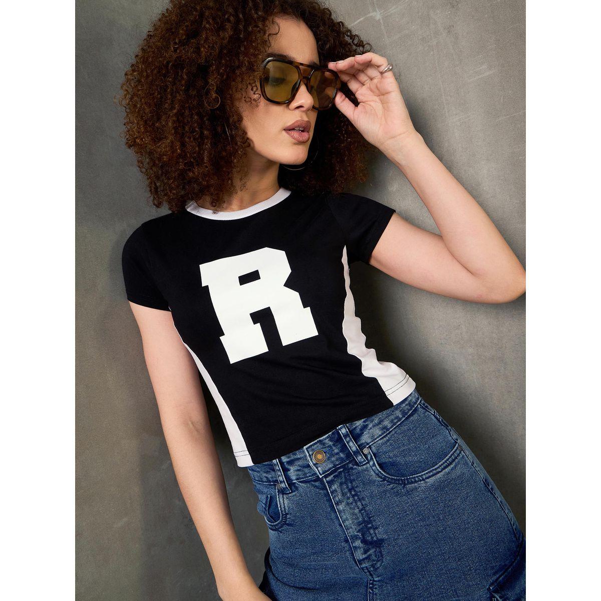 Sassafras Black Contrast Panel Initial Print Fitted T-Shirt-women-clothing-tshirts-image-4