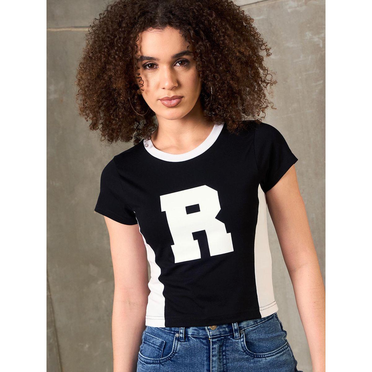 Sassafras Black Contrast Panel Initial Print Fitted T-Shirt-women-clothing-tshirts-image-6
