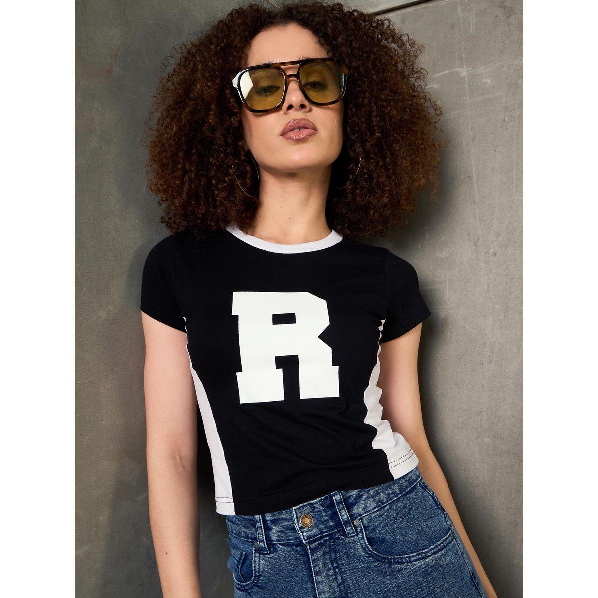 Sassafras Black Contrast Panel Initial Print Fitted T-Shirt-women-clothing-tshirts-image-7