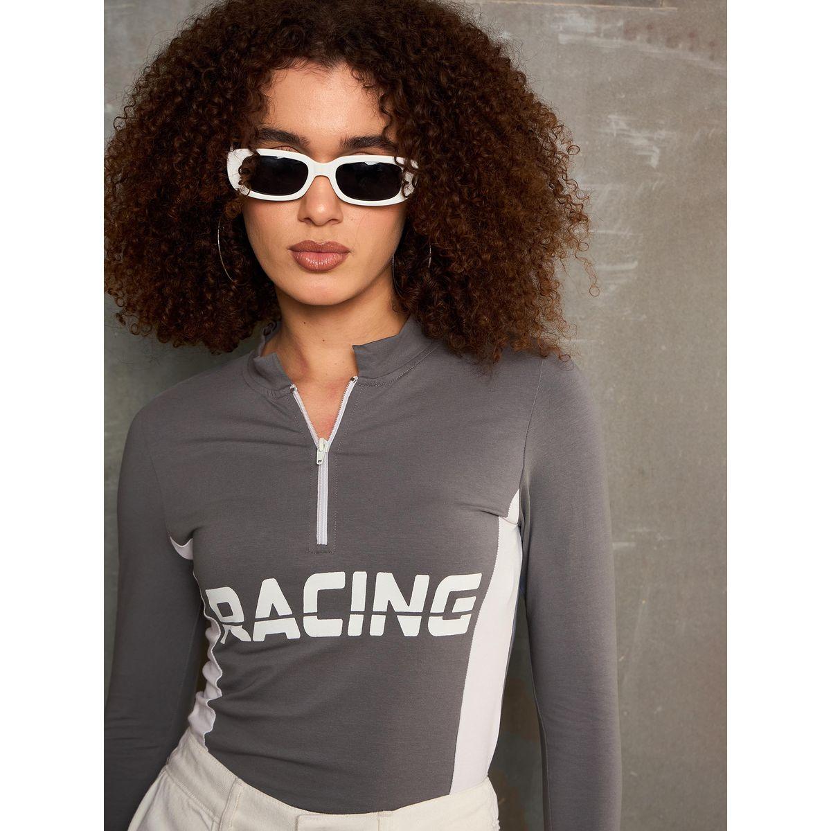 Sassafras Grey Racing Print High Neck Fitted T-Shirt-women-clothing-tshirts-image-1
