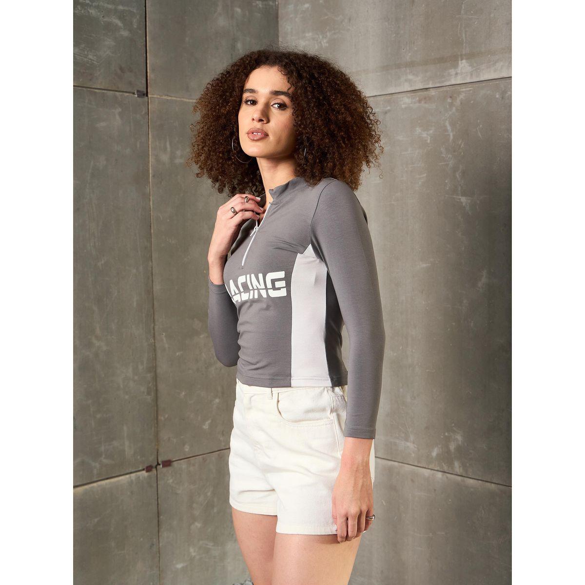 Sassafras Grey Racing Print High Neck Fitted T-Shirt-women-clothing-tshirts-image-3