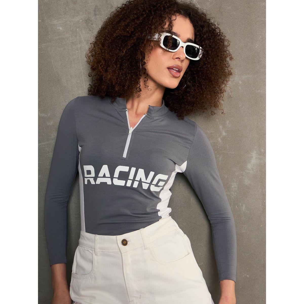 Sassafras Grey Racing Print High Neck Fitted T-Shirt-women-clothing-tshirts-image-6