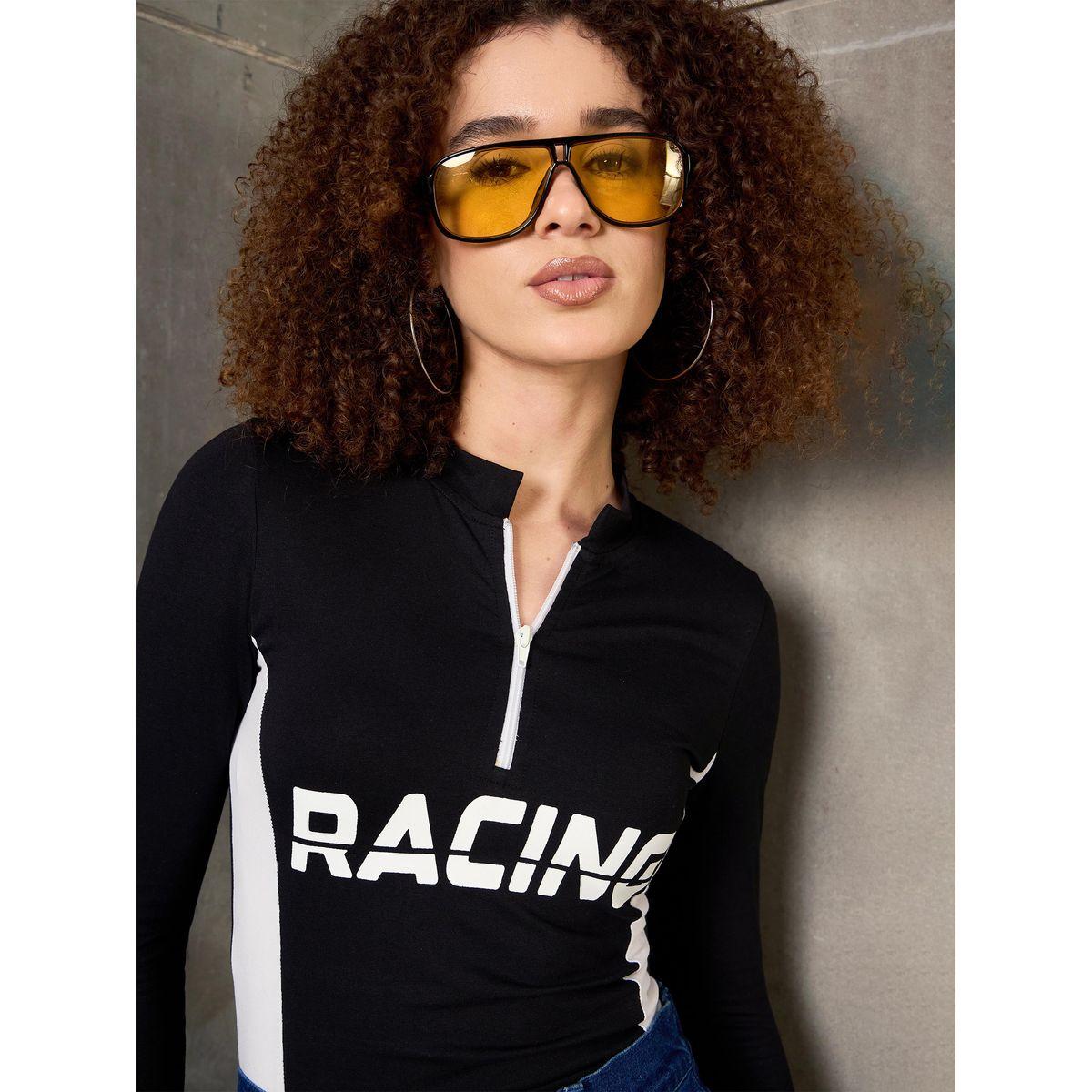 Sassafras Black Racing Print High Neck Fitted T-Shirt-women-clothing-tshirts-image-1