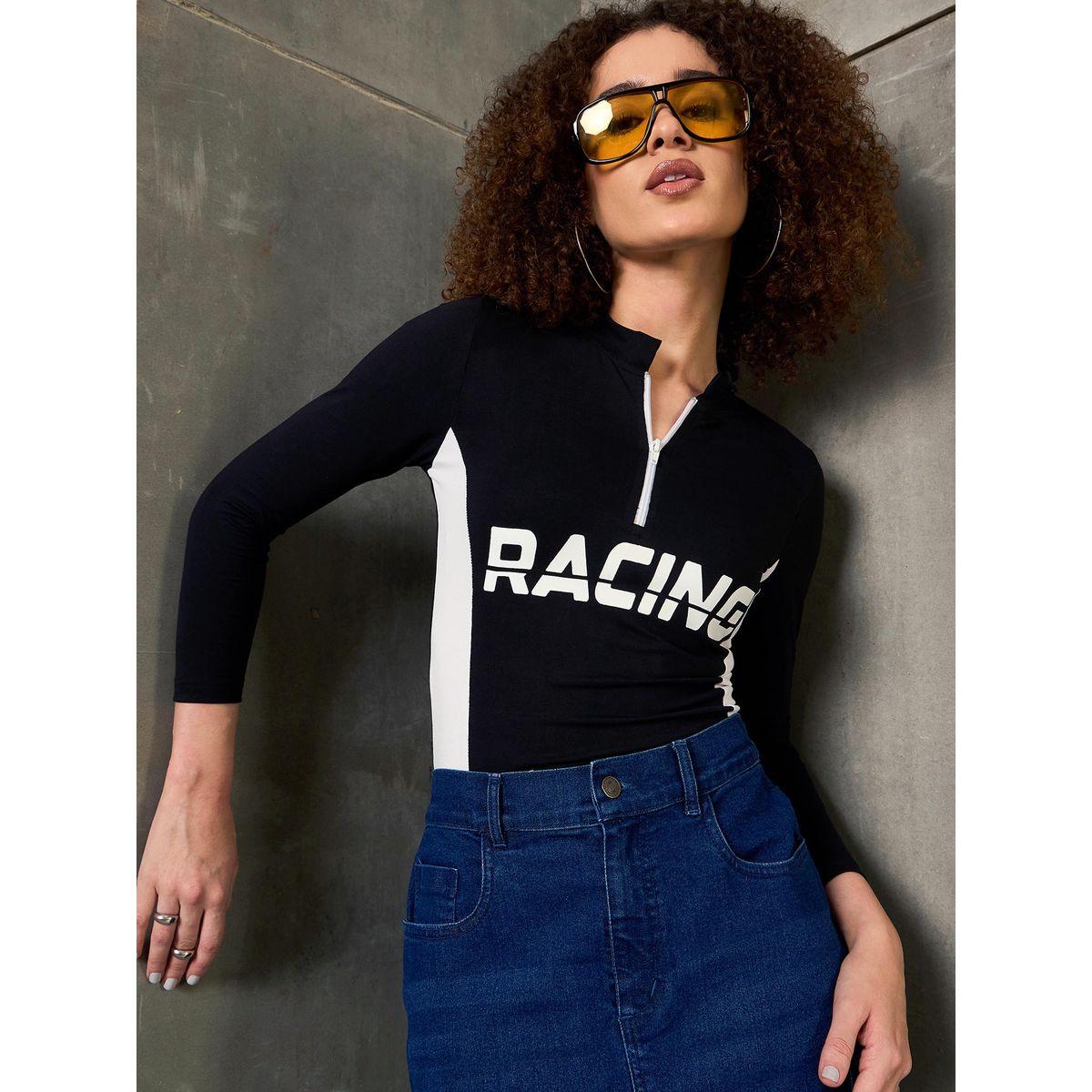 Sassafras Black Racing Print High Neck Fitted T-Shirt-women-clothing-tshirts-image-2