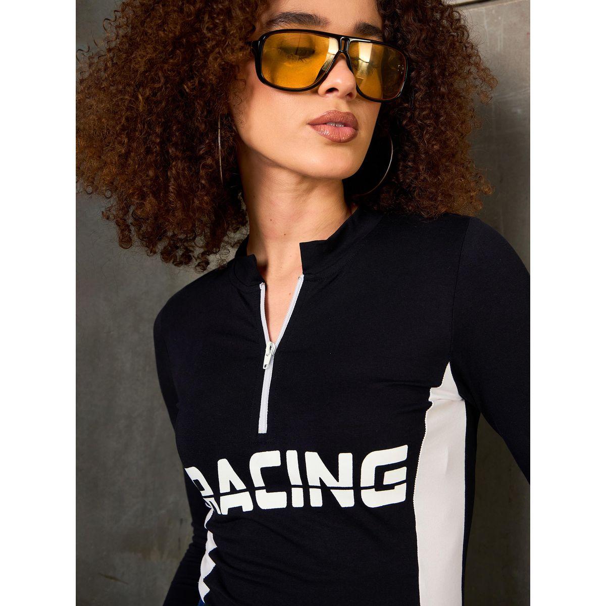 Sassafras Black Racing Print High Neck Fitted T-Shirt-women-clothing-tshirts-image-4