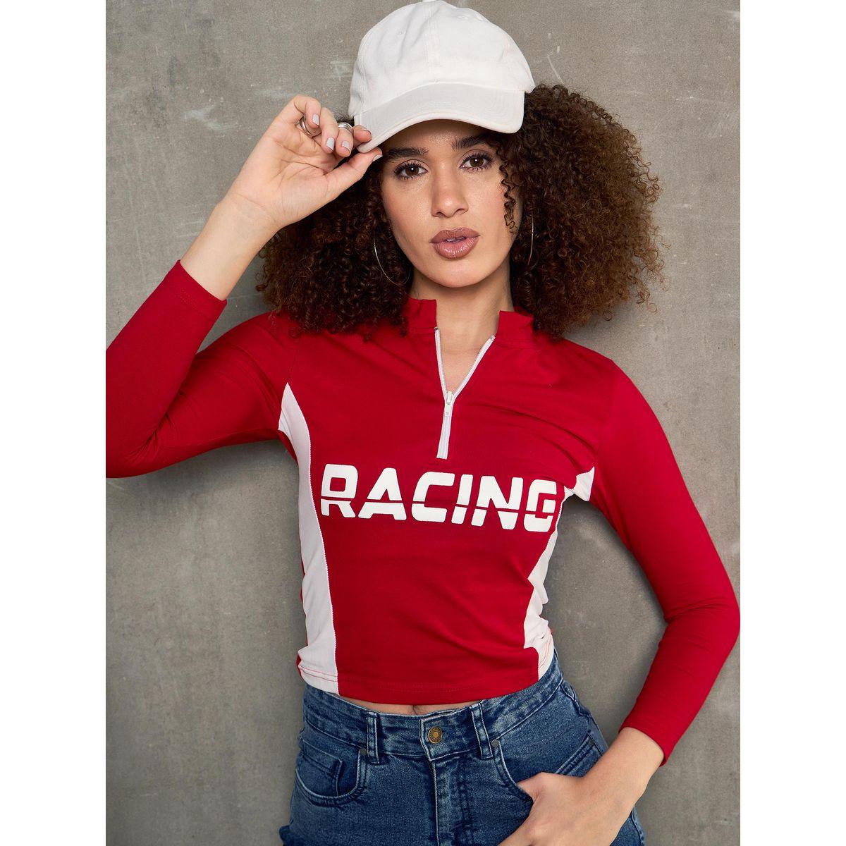 Sassafras Red Racing Print High Neck Fitted T-Shirt-women-clothing-tshirts-image-1