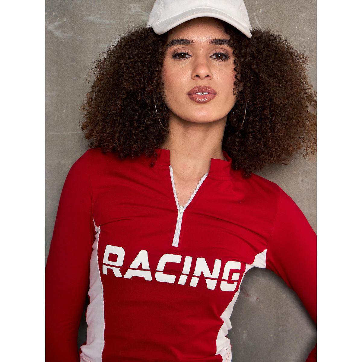 Sassafras Red Racing Print High Neck Fitted T-Shirt-women-clothing-tshirts-image-2