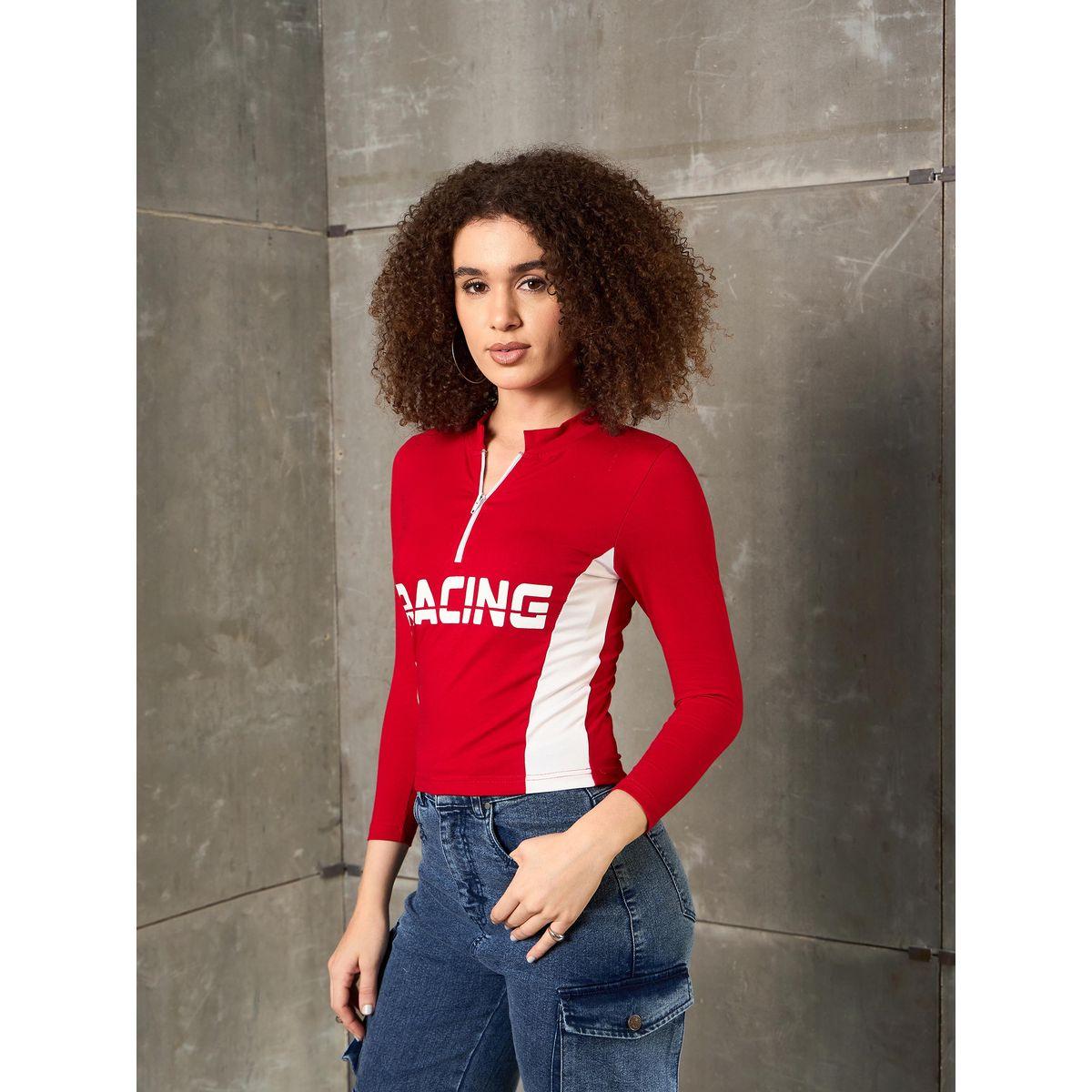 Sassafras Red Racing Print High Neck Fitted T-Shirt-women-clothing-tshirts-image-3