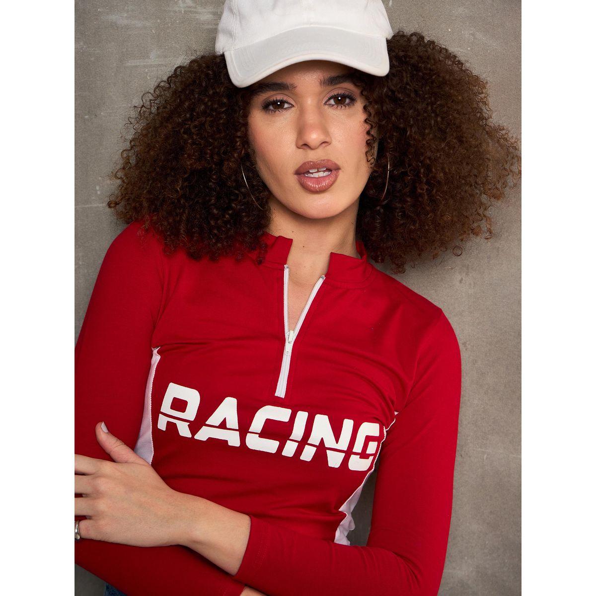 Sassafras Red Racing Print High Neck Fitted T-Shirt-women-clothing-tshirts-image-4