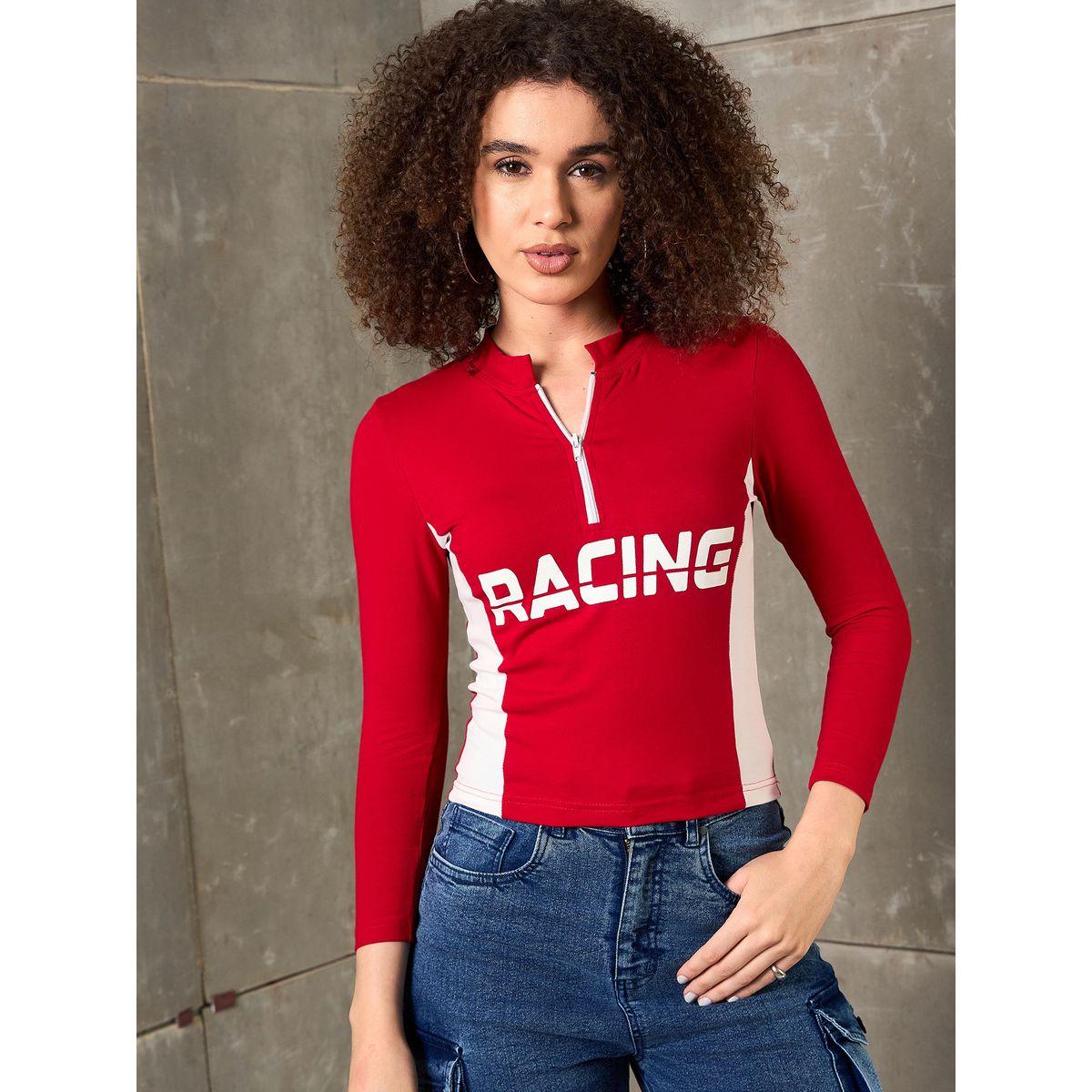 Sassafras Red Racing Print High Neck Fitted T-Shirt-women-clothing-tshirts-image-6