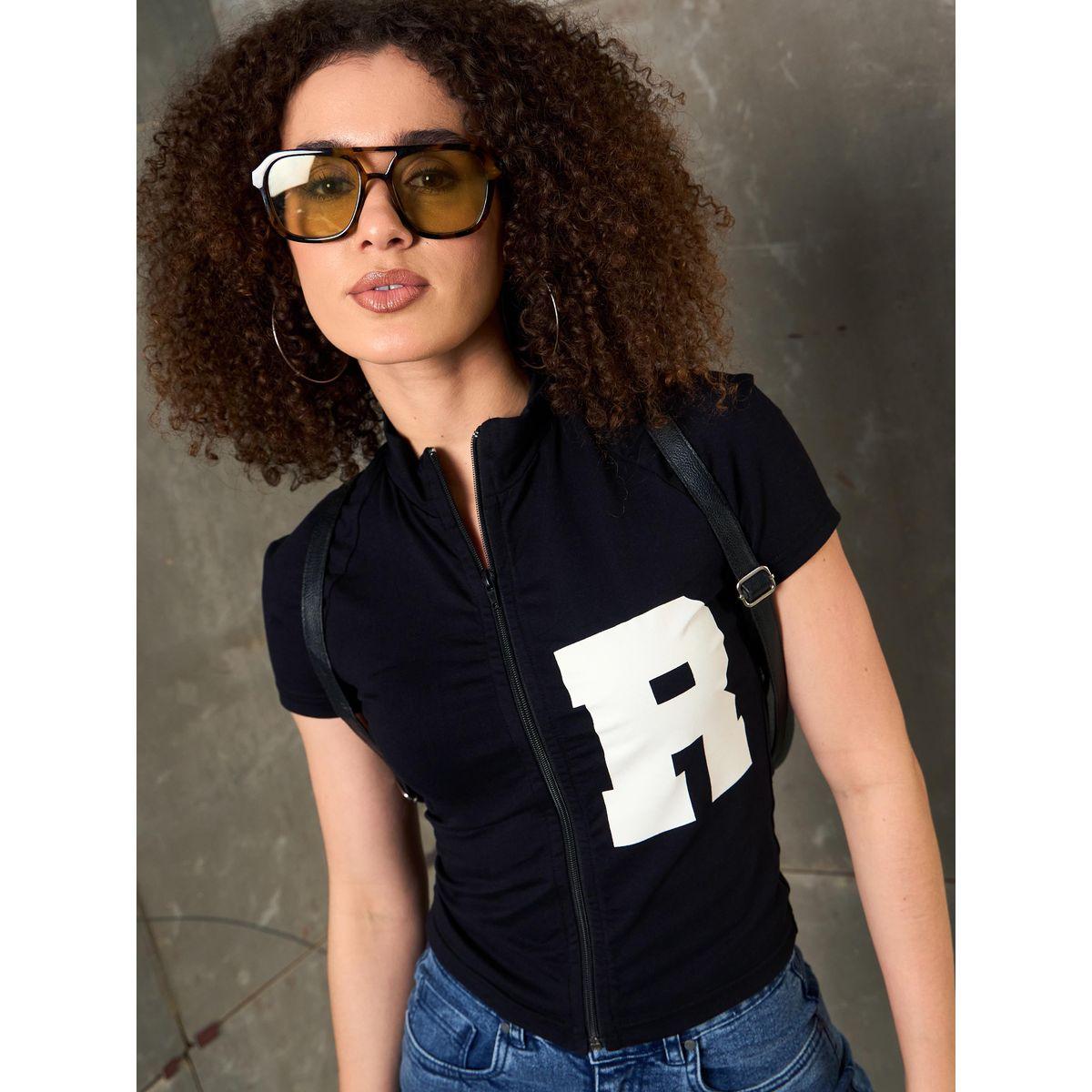 Sassafras Black Front Zipper Initial Print Fitted T-Shirt-women-clothing-tshirts-image-1