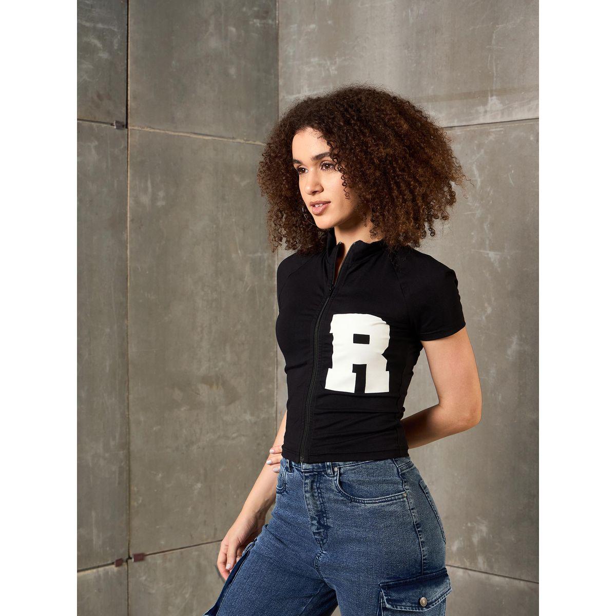 Sassafras Black Front Zipper Initial Print Fitted T-Shirt-women-clothing-tshirts-image-3