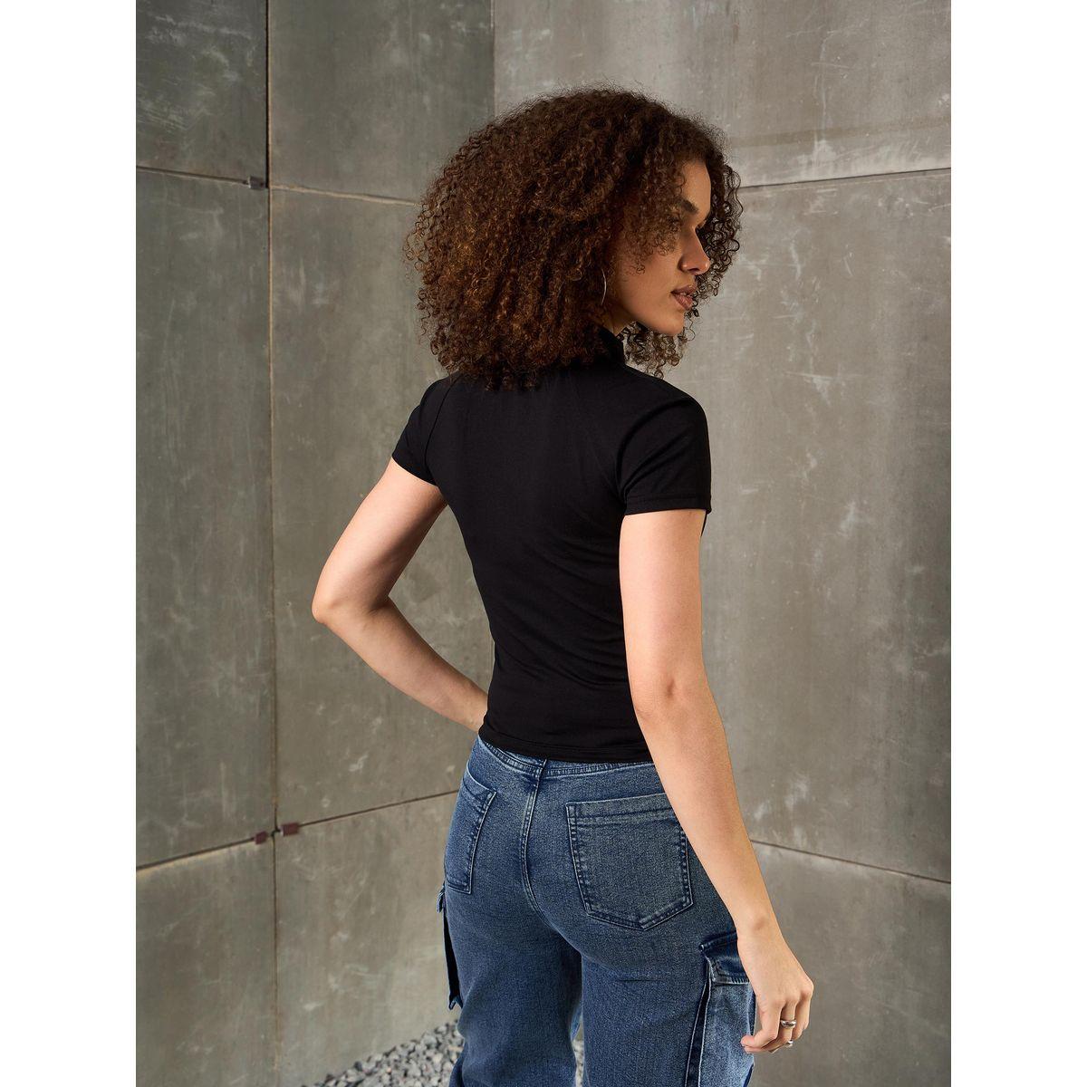 Sassafras Black Front Zipper Initial Print Fitted T-Shirt-women-clothing-tshirts-image-5