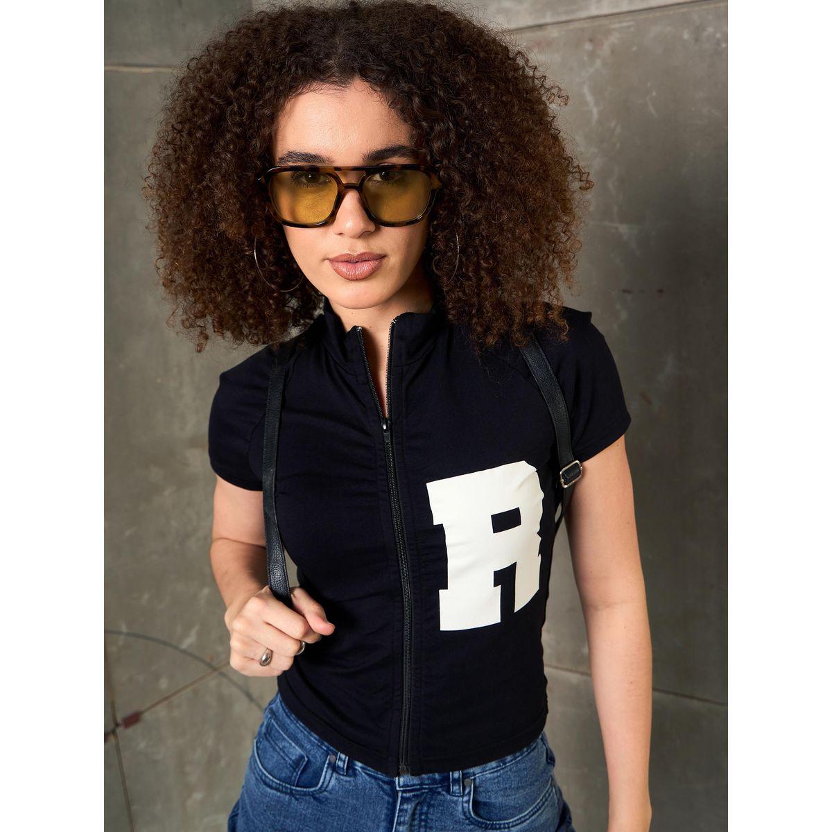Sassafras Black Front Zipper Initial Print Fitted T-Shirt-women-clothing-tshirts-image-7
