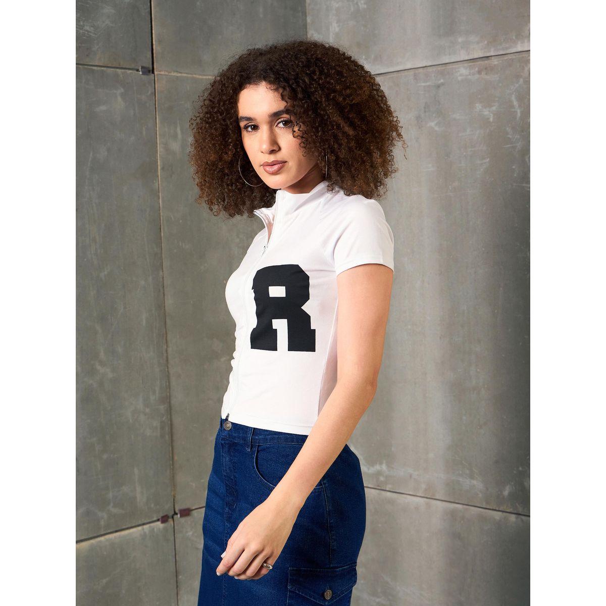 Sassafras White Front Zipper Initial Print Fitted T-Shirt-women-clothing-tshirts-image-3