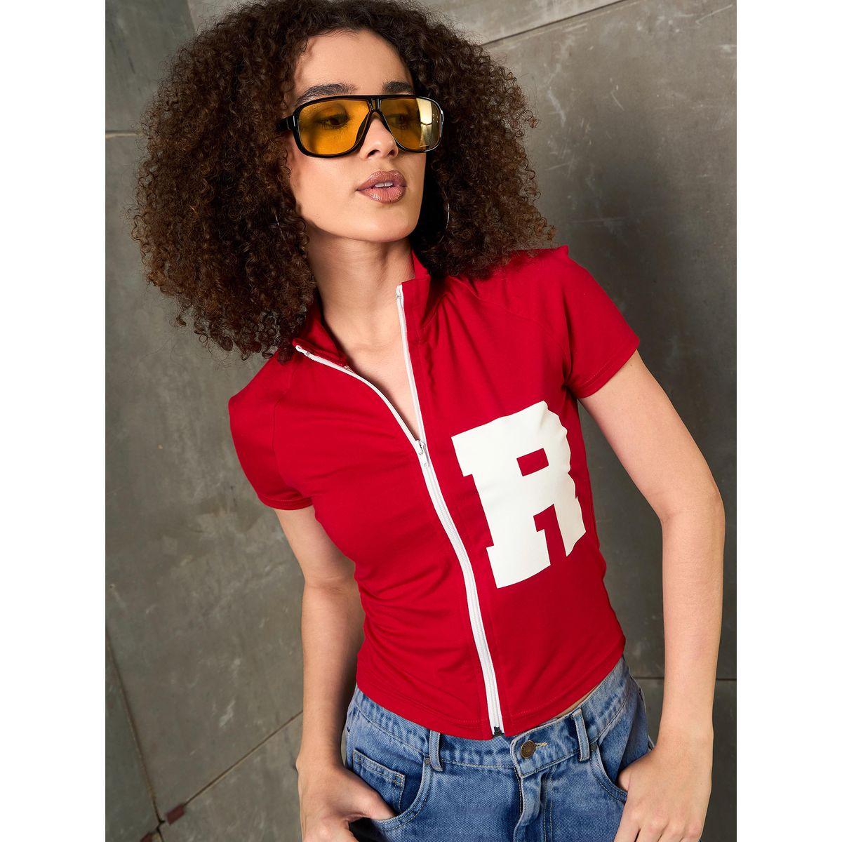 Sassafras Red Front Zipper Initial Print Fitted T-Shirt-women-clothing-tshirts-image-1