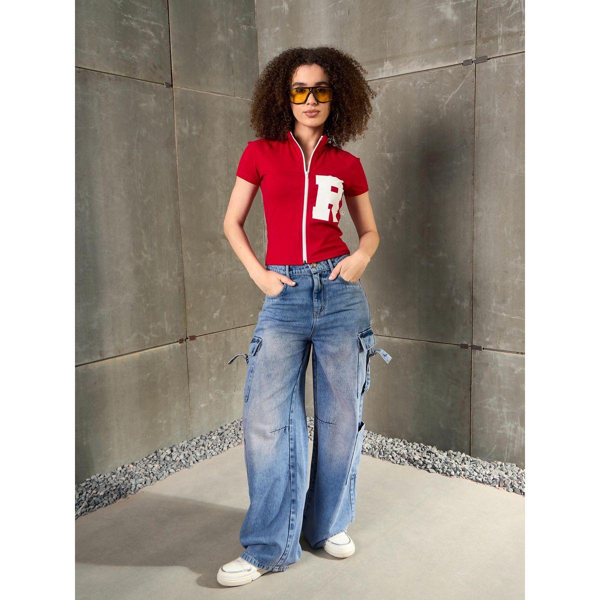 Sassafras Red Front Zipper Initial Print Fitted T-Shirt-women-clothing-tshirts-image-2