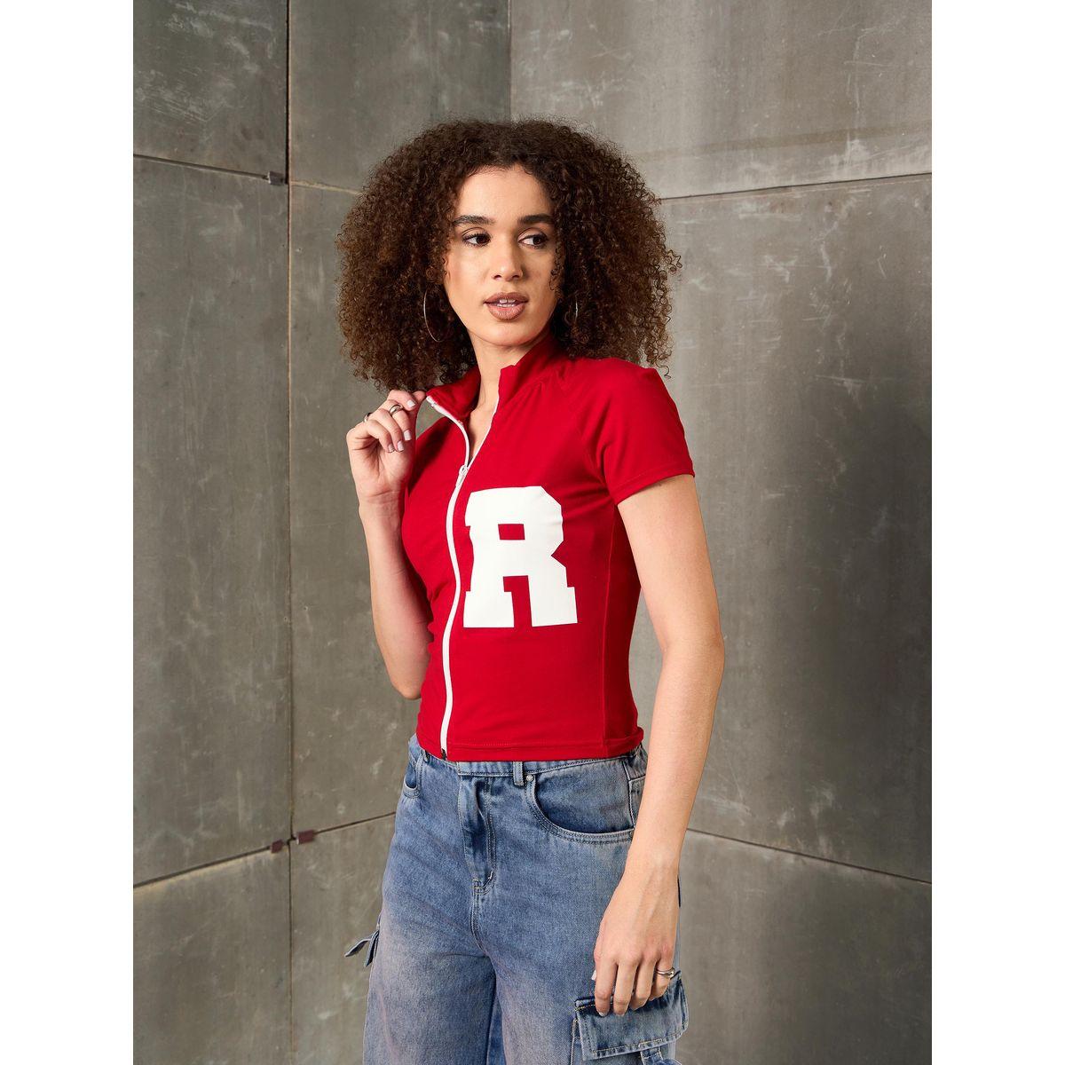 Sassafras Red Front Zipper Initial Print Fitted T-Shirt-women-clothing-tshirts-image-3