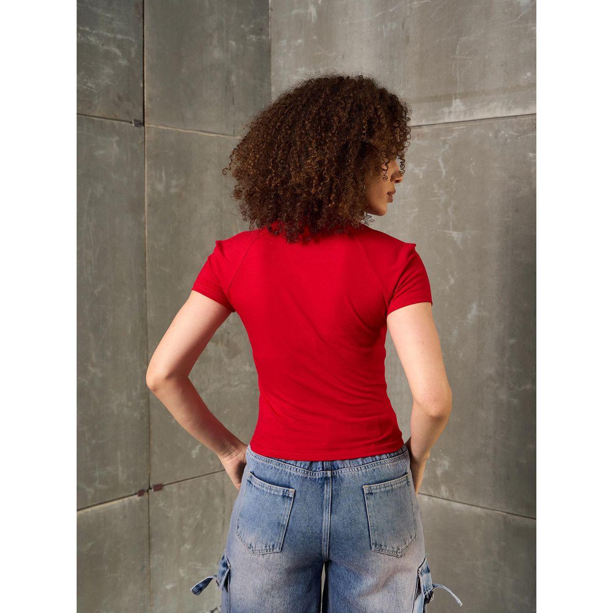 Sassafras Red Front Zipper Initial Print Fitted T-Shirt-women-clothing-tshirts-image-5