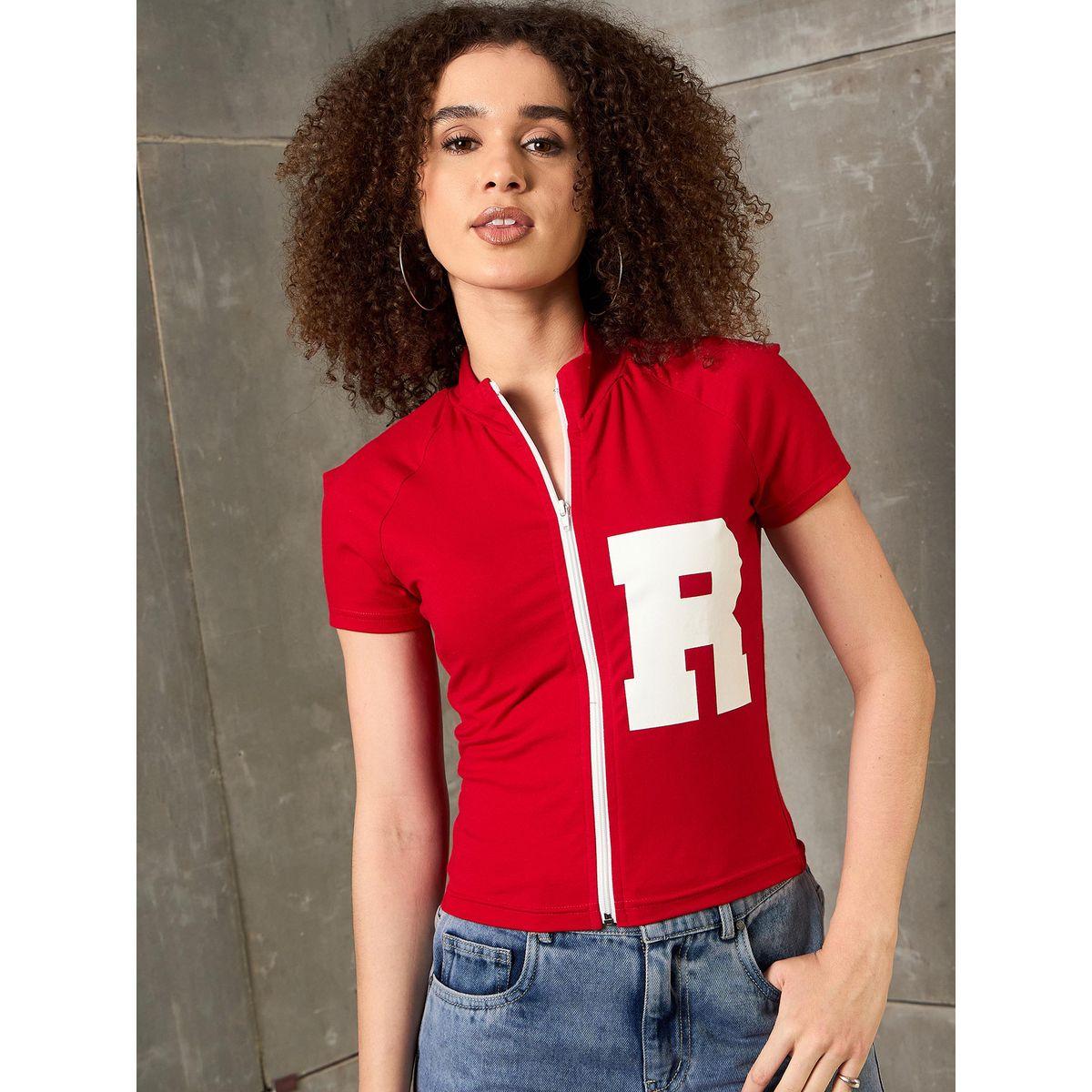 Sassafras Red Front Zipper Initial Print Fitted T-Shirt-women-clothing-tshirts-image-6