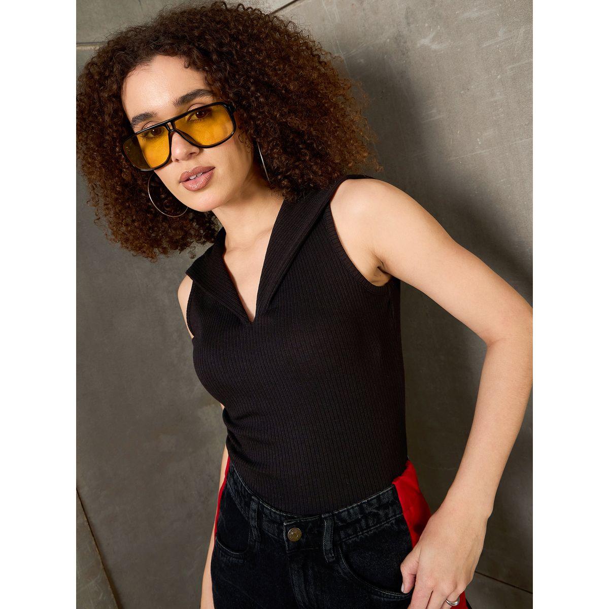 Sassafras Black Ribbed V-Neck Knitted Top-women-clothing-tshirts-image-1