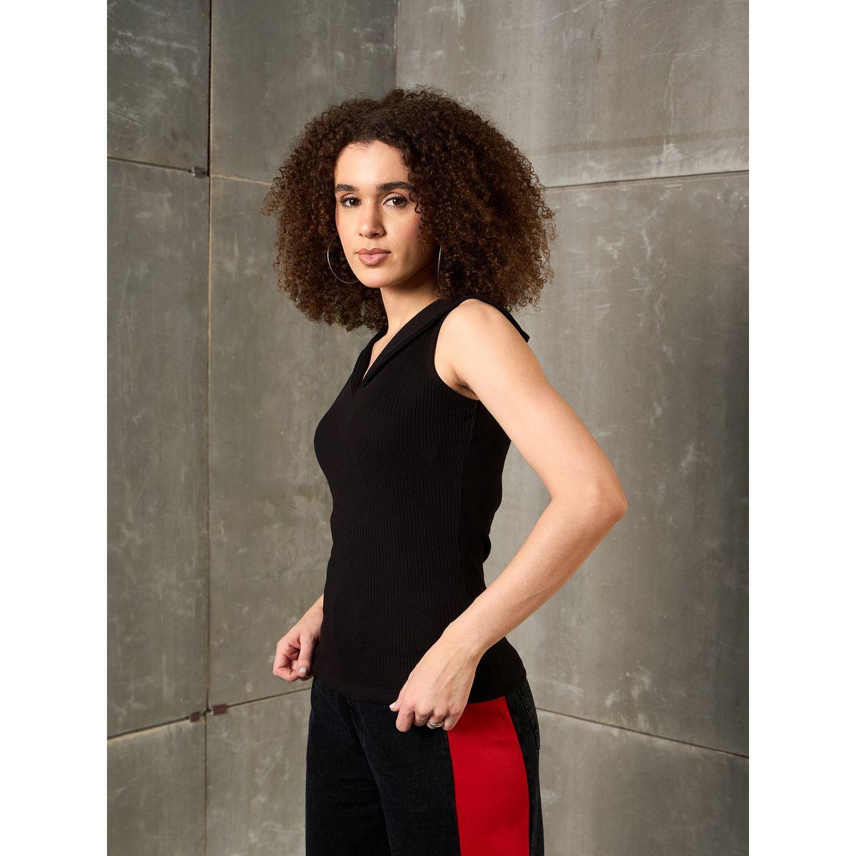 Sassafras Black Ribbed V-Neck Knitted Top-women-clothing-tshirts-image-3