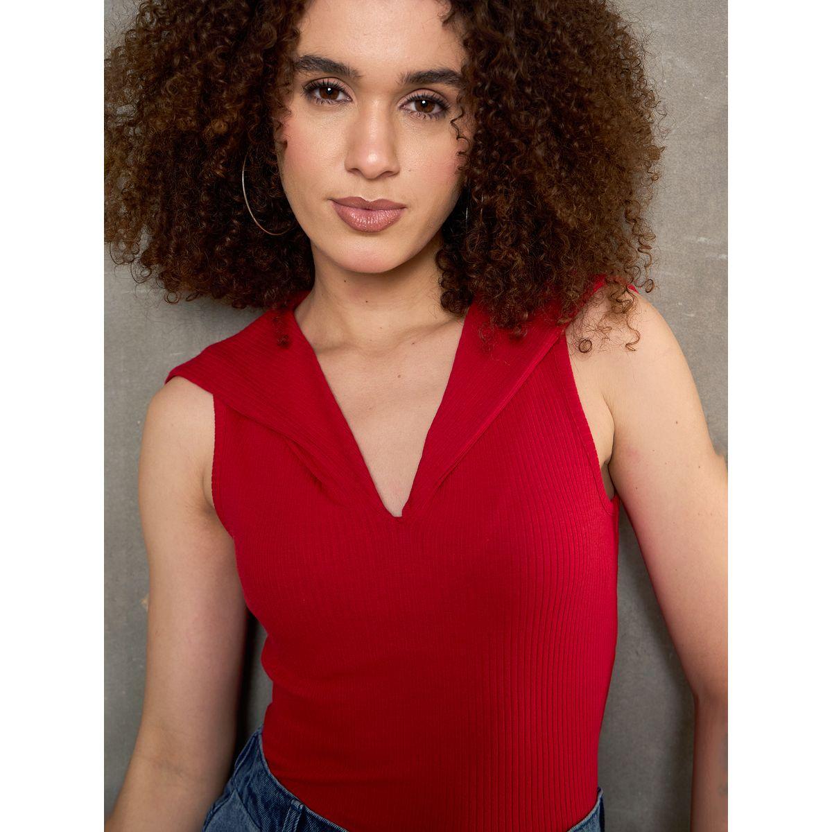 Sassafras Red Ribbed V-Neck Knitted Top-women-clothing-tshirts-image-1