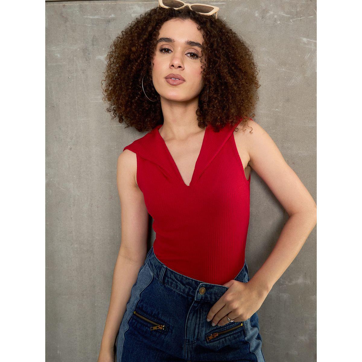 Sassafras Red Ribbed V-Neck Knitted Top-women-clothing-tshirts-image-4